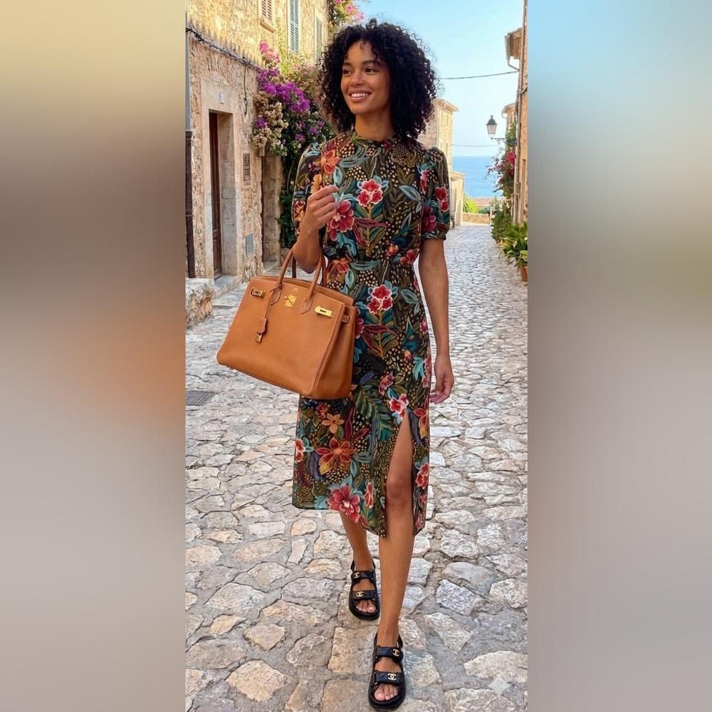 Julia Jordan Floral Print Midi Dress - Black, Red, Green, Blue In Size 10